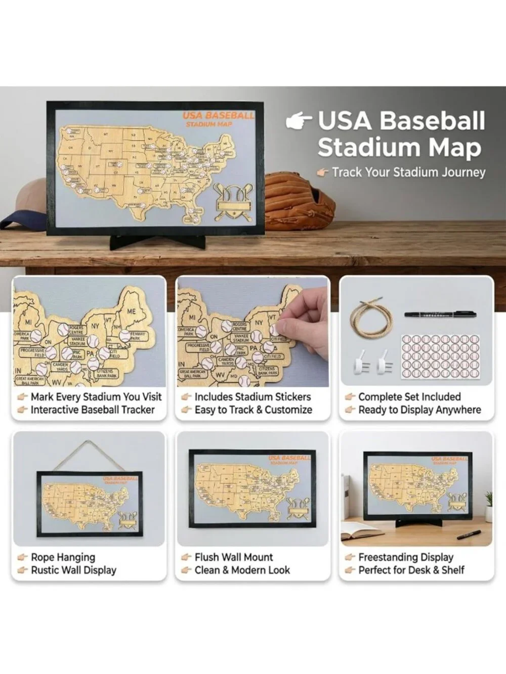 Baseball Stadium Map Tracker | MLB Ballparks Visited Checklist Poster Decor